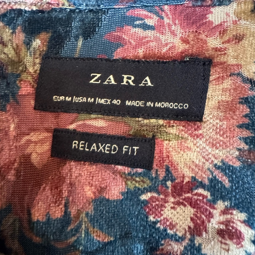 Zara Relaxed Fit Button Down Velour Floral Shirt, Medium - Picture 4 of 5